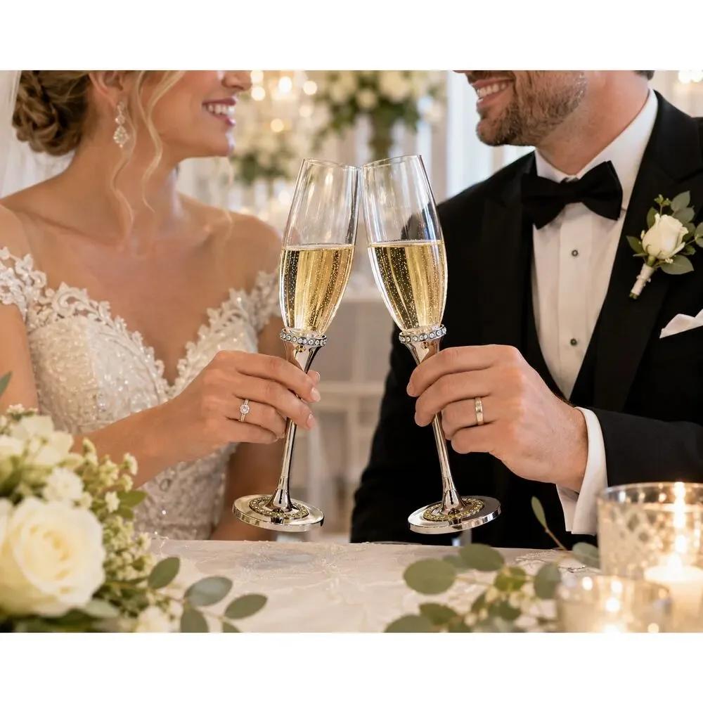 Studio His & Hers Toasting Glasses Pair Rhinestone Wedding Flutes 2010 Boxed